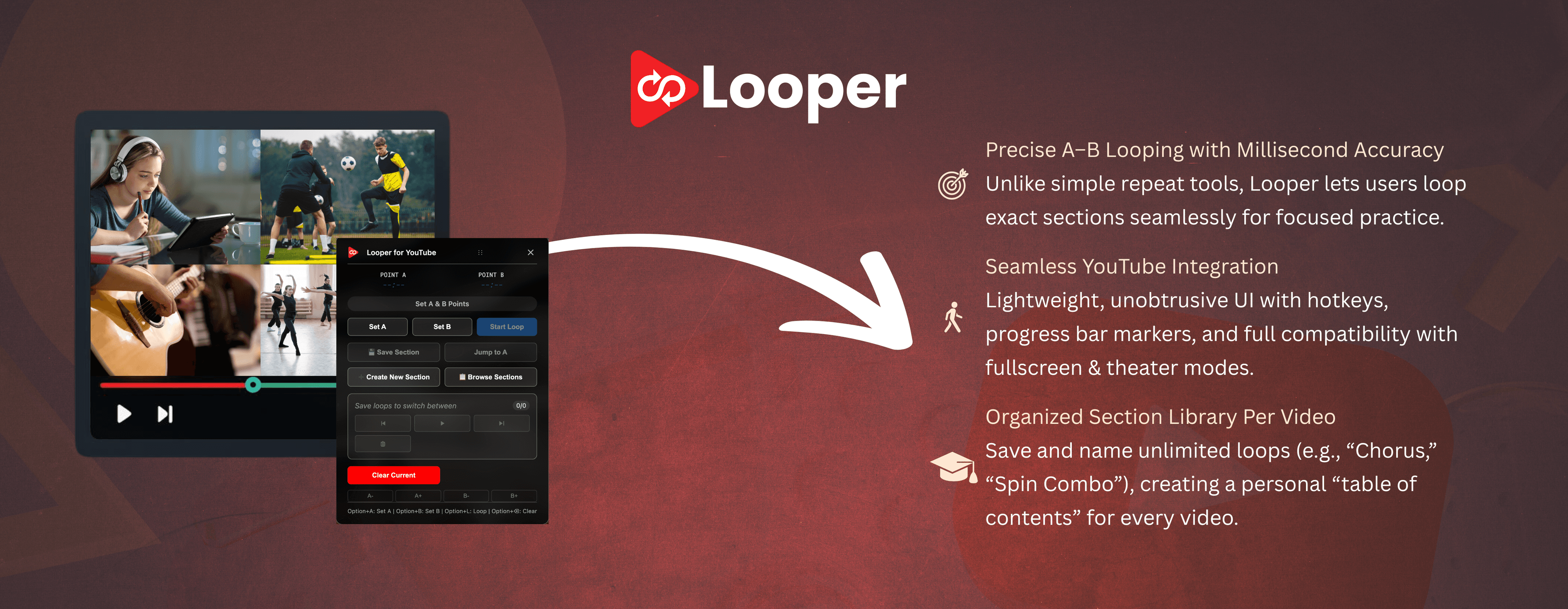 Looper for YouTube — extension popup showing precision A-B looping, seamless YouTube integration, and an organized section library per video