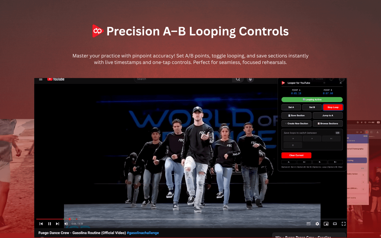 Precision A-B looping controls — set point A and point B with millisecond accuracy, toggle the loop instantly.