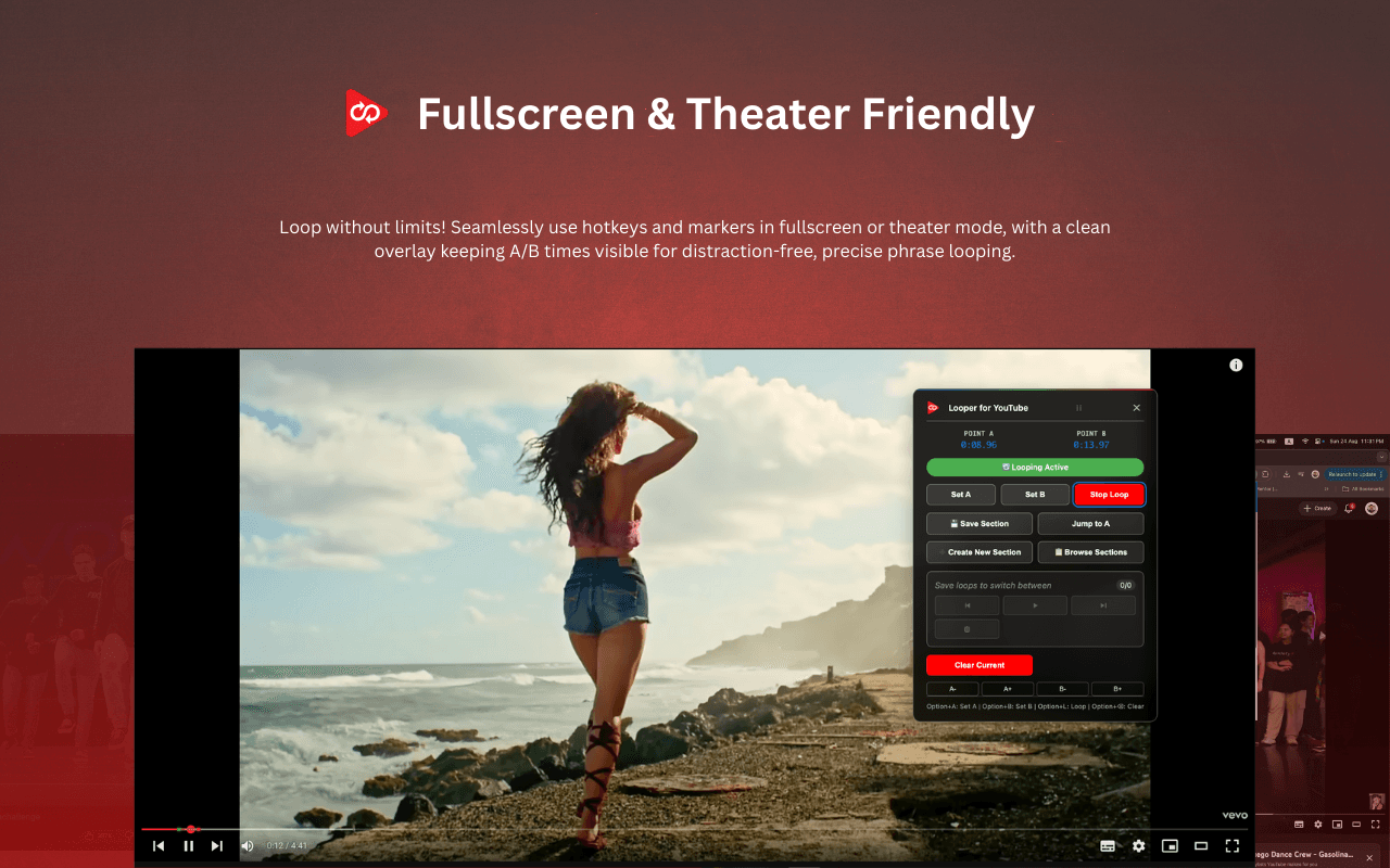 Fullscreen and theater mode friendly — A-B markers stay visible when you go fullscreen for distraction-free practice.