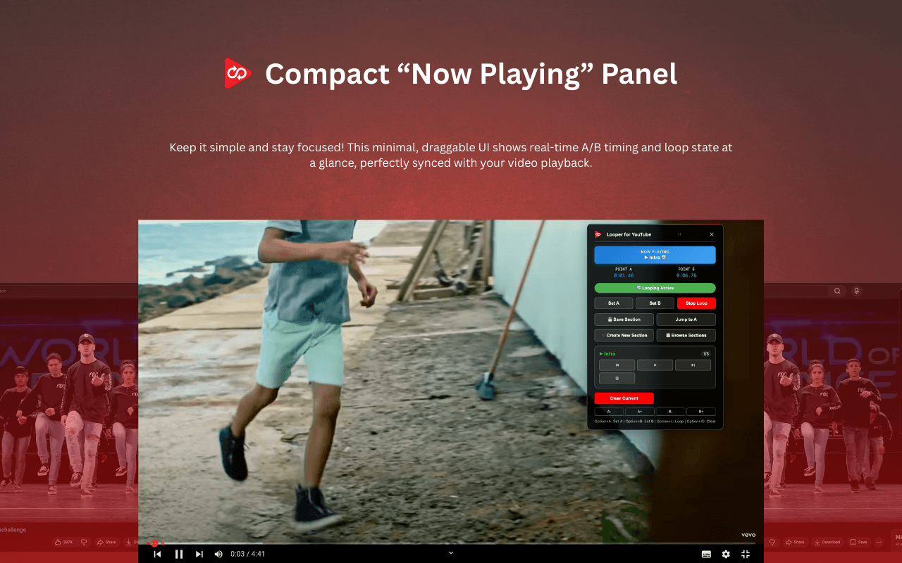 Compact "now playing" panel — minimal, draggable widget that stays out of your way while showing live A-B timing.